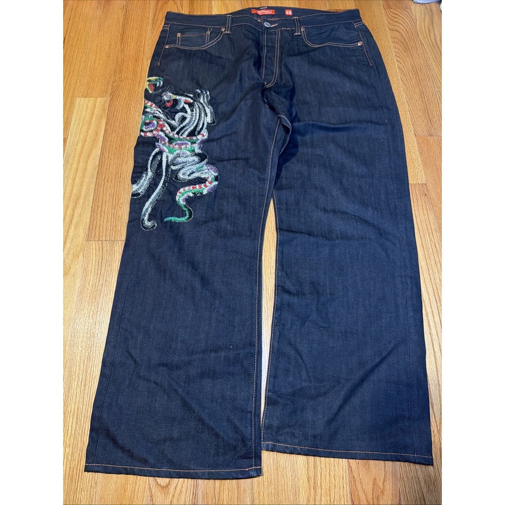 2007 Vintage Ed Hardy Christian Audigier Dragon Rhinestone Jeans 42x32 Y2K